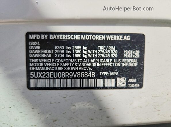 5UX23EU08R9V86848 2024 BMW X5 White ძრავის განყოფილების ხედი