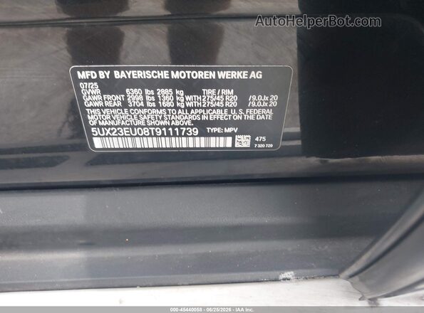 5UX23EU08T9111739 2026 BMW X5 Black Vista del compartimento del motor