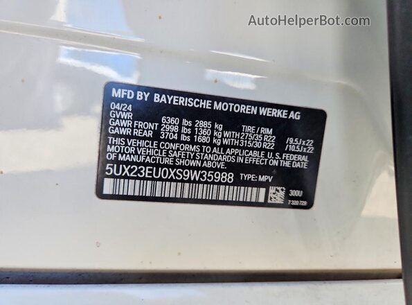 5UX23EU0XS9W35988 2025 BMW X5 White Widok naklejki z numerem VIN