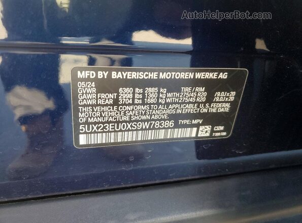 5UX23EU0XS9W78386 2025 BMW X5 Blue Vista de la etiqueta del VIN