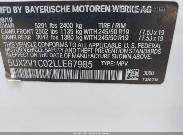 5UX2V1C02LLE67985 2020 BMW X4 White Շարժիչի բաժամունքի տեսք