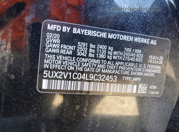 5UX2V1C04L9C32453 2020 BMW X4 Black 