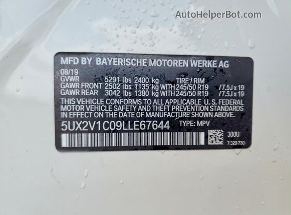 5UX2V1C09LLE67644 2020 BMW X4 White Вид наклейки з VIN-кодом