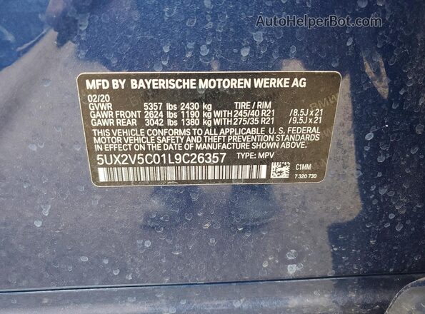 5UX2V5C01L9C26357 2020 BMW X4 Blue VIN կոդի պիտակի տեսք
