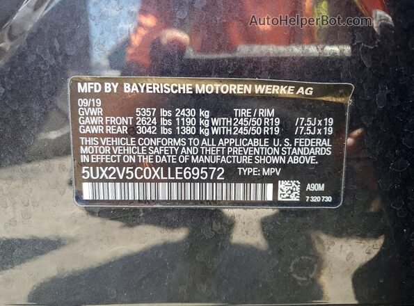5UX2V5C0XLLE69572 2020 BMW X4 Gray Widok naklejki z numerem VIN