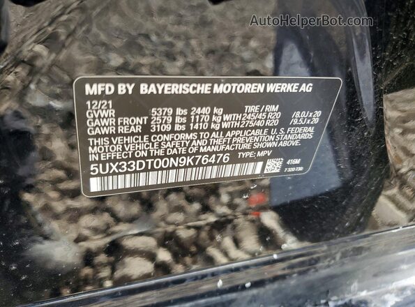 5UX33DT00N9K76476 2022 BMW X4 Blue VIN sticker view