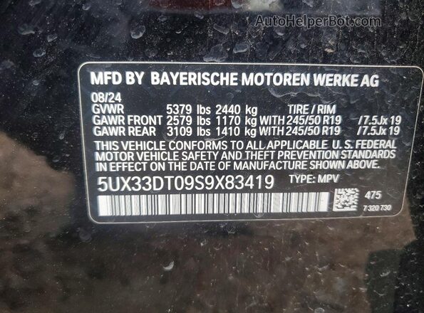 5UX33DT09S9X83419 2025 BMW X4 Черный Вид наклейки с VIN-кодом