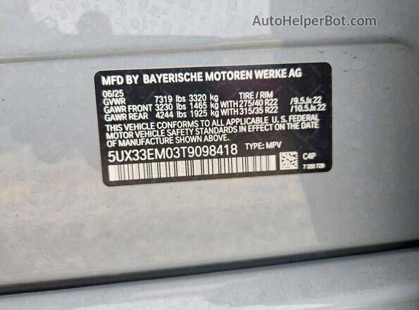 5UX33EM03T9098418 2026 BMW X7 Gray Вид наклейки з VIN-кодом