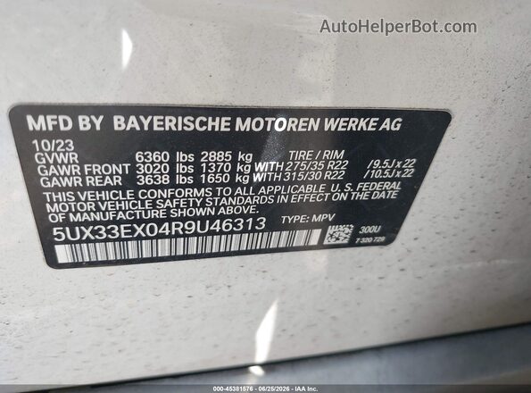 5UX33EX04R9U46313 2024 BMW X6 White Вид підкапотного простору