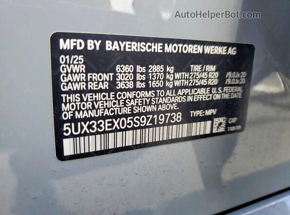 5UX33EX05S9Z19738 2025 BMW X6 Gray VIN կոդի պիտակի տեսք