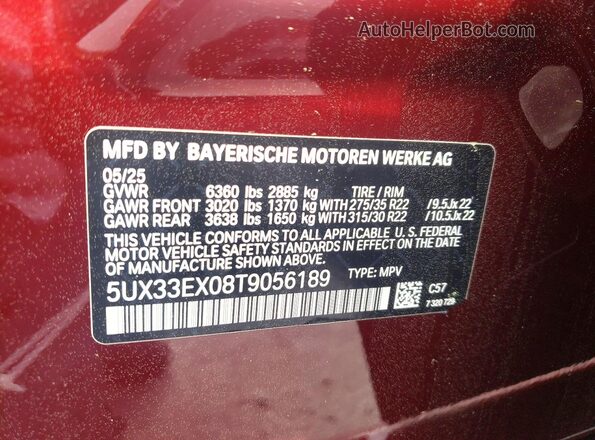 5UX33EX08T9056189 2026 BMW X6 Burgundy Вид наклейки з VIN-кодом