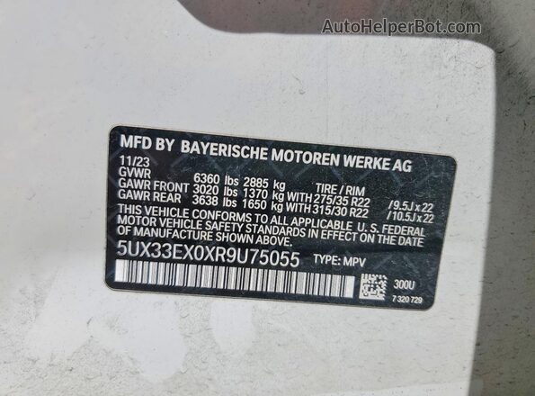 5UX33EX0XR9U75055 2024 BMW X6 White Вид наклейки з VIN-кодом