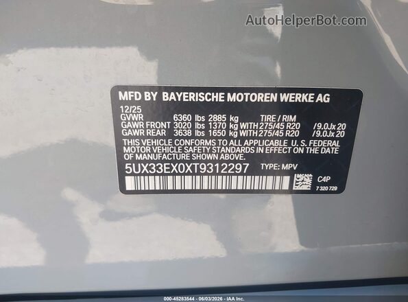 5UX33EX0XT9312297 2026 BMW X6 Серый Вид подкапотного пространства