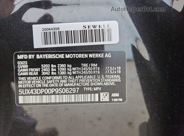 5UX43DP00P9S06297 2023 BMW X3 Charcoal 360 interior view