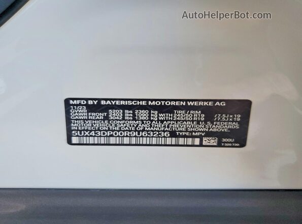 5UX43DP00R9U63236 2024 BMW X3 Белый Панорамный вид салона 360°