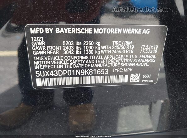 5UX43DP01N9K81653 2022 BMW X3 Black Widok komory silnika