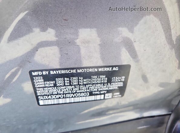 5UX43DP01R9V05803 2024 BMW X3 Gray VIN կոդի պիտակի տեսք
