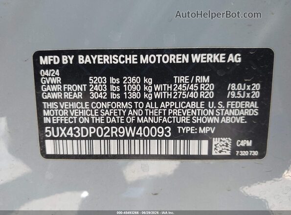 5UX43DP02R9W40093 2024 BMW X3 Gray Շարժիչի բաժամունքի տեսք