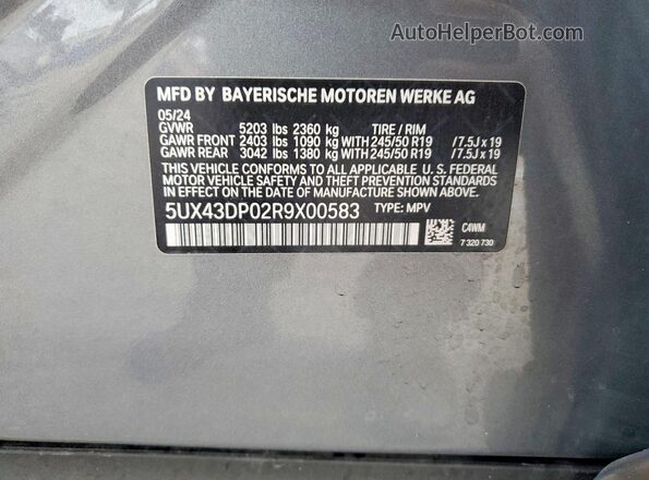 5UX43DP02R9X00583 2024 BMW X3 Серый Вид наклейки с VIN-кодом