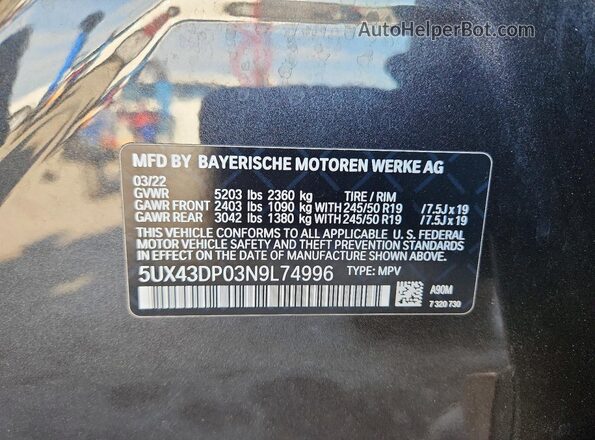 5UX43DP03N9L74996 2022 BMW X3 Black VIN sticker view