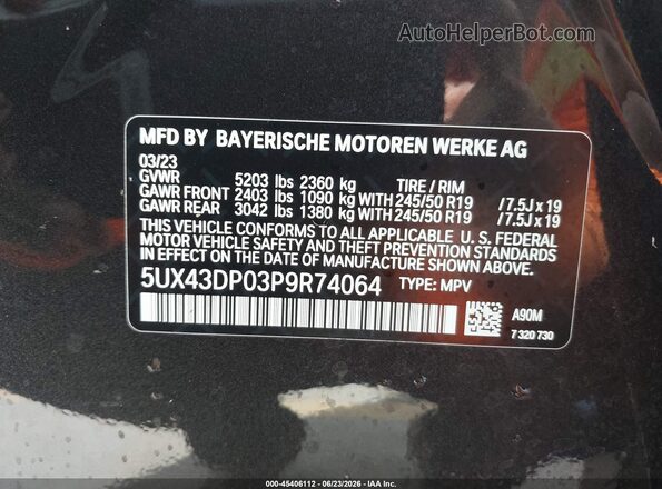 5UX43DP03P9R74064 2023 BMW X3 Серый Вид подкапотного пространства