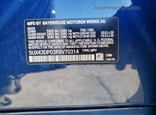 5UX43DP03R9V70314 2024 BMW X3 Blue Vista interior de 360 grados
