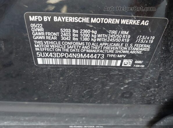 5UX43DP04N9M44473 2022 BMW X3 Black Vista del compartimento del motor