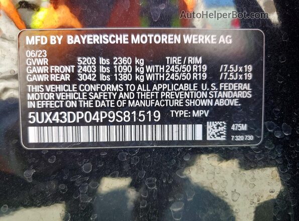 5UX43DP04P9S81519 2023 BMW X3 Black 360 interior view