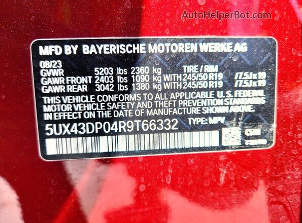5UX43DP04R9T66332 2024 BMW X3 Red Панорамний вид салону 360°