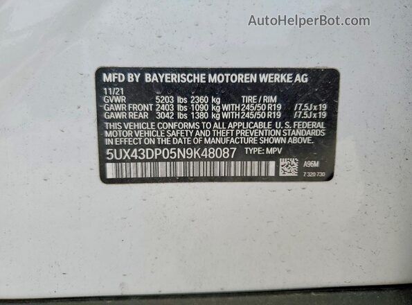 5UX43DP05N9K48087 2022 BMW X3 Белый 