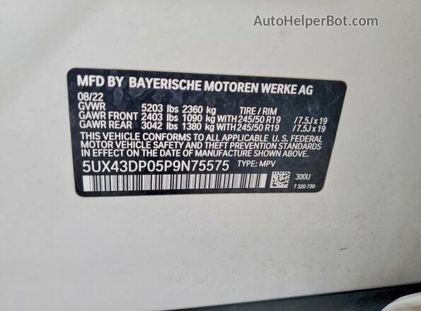 5UX43DP05P9N75575 2023 BMW X3 White VIN კოდის სტიკერის ხედი