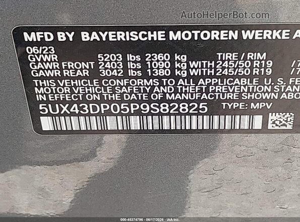5UX43DP05P9S82825 2023 BMW X3 Gray Շարժիչի բաժամունքի տեսք