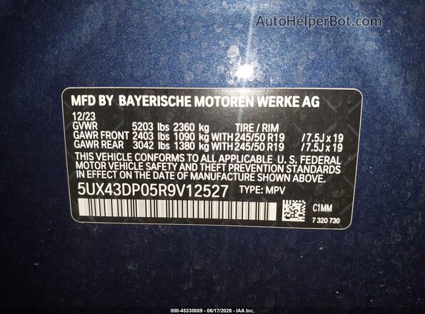 5UX43DP05R9V12527 2024 BMW X3 Синий Вид подкапотного пространства