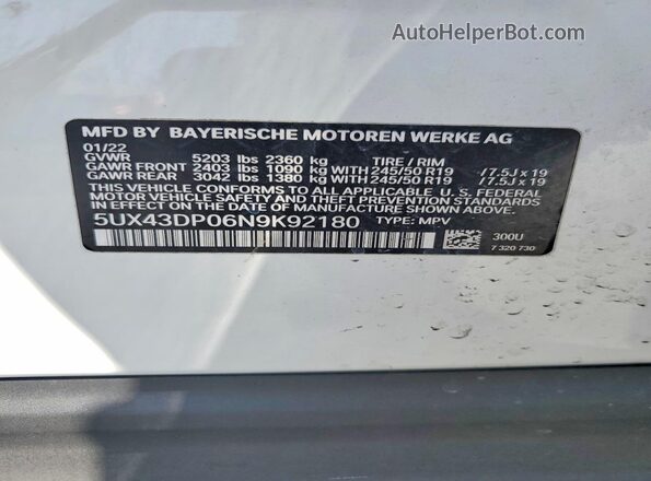 5UX43DP06N9K92180 2022 BMW X3 White Widok naklejki z numerem VIN