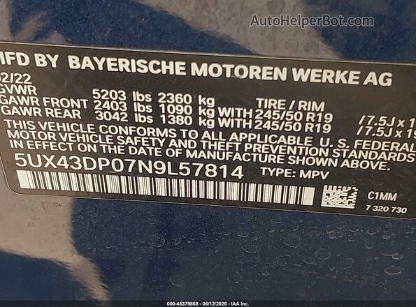 5UX43DP07N9L57814 2022 BMW X3 Синий Вид подкапотного пространства