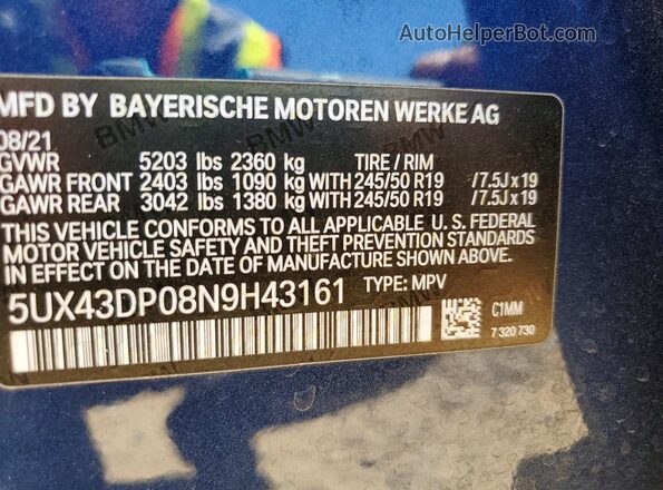 5UX43DP08N9H43161 2022 BMW X3 Blue VIN sticker view