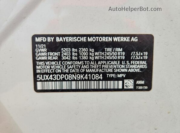 5UX43DP08N9K41084 2022 BMW X3 Белый Панорамный вид салона 360°