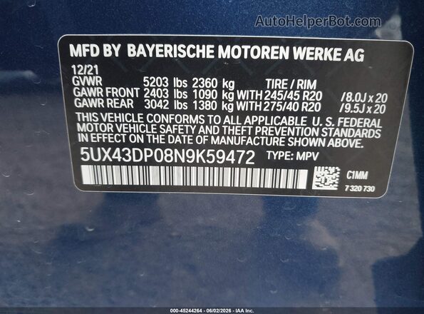5UX43DP08N9K59472 2022 BMW X3 Blue Vista del compartimento del motor