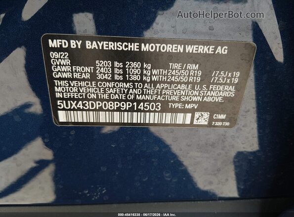 5UX43DP08P9P14503 2023 BMW X3 Blue Вид підкапотного простору