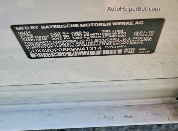 5UX43DP08R9W41314 2024 BMW X3 White სალონის 360-გრადუსიანი ხედი