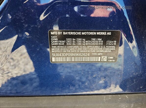 5UX43DP09N9K62624 2022 BMW X3 Blue 