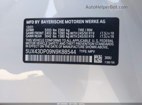5UX43DP09N9K88544 2022 BMW X3 White 