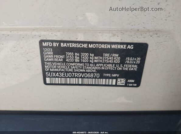 5UX43EU07R9V06870 2024 BMW X5 White Вид підкапотного простору
