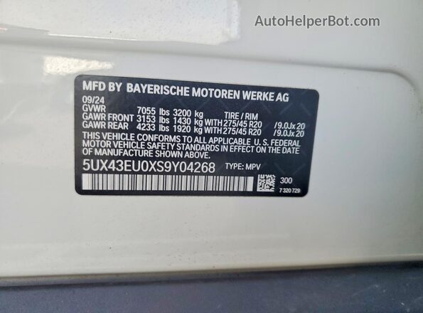 5UX43EU0XS9Y04268 2025 BMW X5 White VIN կոդի պիտակի տեսք