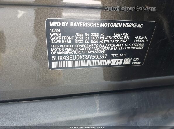5UX43EU0XS9Y59237 2025 BMW X5 Gray Vista del compartimento del motor