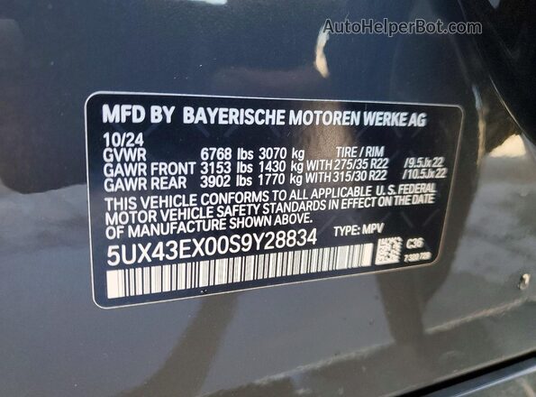 5UX43EX00S9Y28834 2025 BMW X6 Charcoal Вид наклейки з VIN-кодом