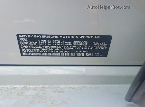 5UX43EX0XT9242756 2026 BMW X6 Белый Вид наклейки с VIN-кодом