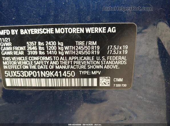 5UX53DP01N9K41450 2022 BMW X3 Blue Вид підкапотного простору