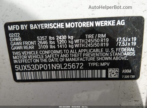 5UX53DP01N9L25672 2022 BMW X3 White Շարժիչի բաժամունքի տեսք