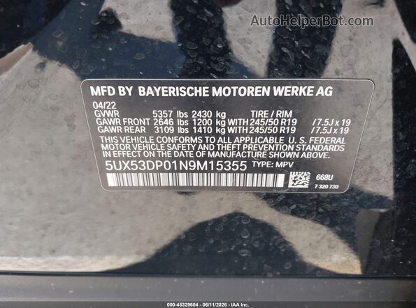 5UX53DP01N9M15355 2022 BMW X3 Black Շարժիչի բաժամունքի տեսք